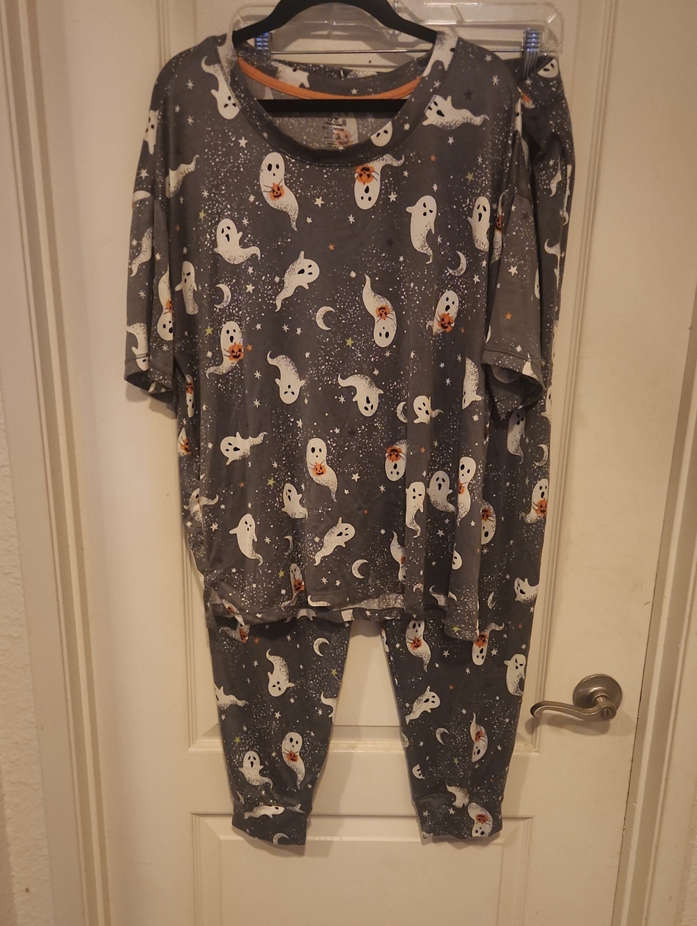 Celebrate It Gray Ghost Print Women's Pajama Set with Orange Accents